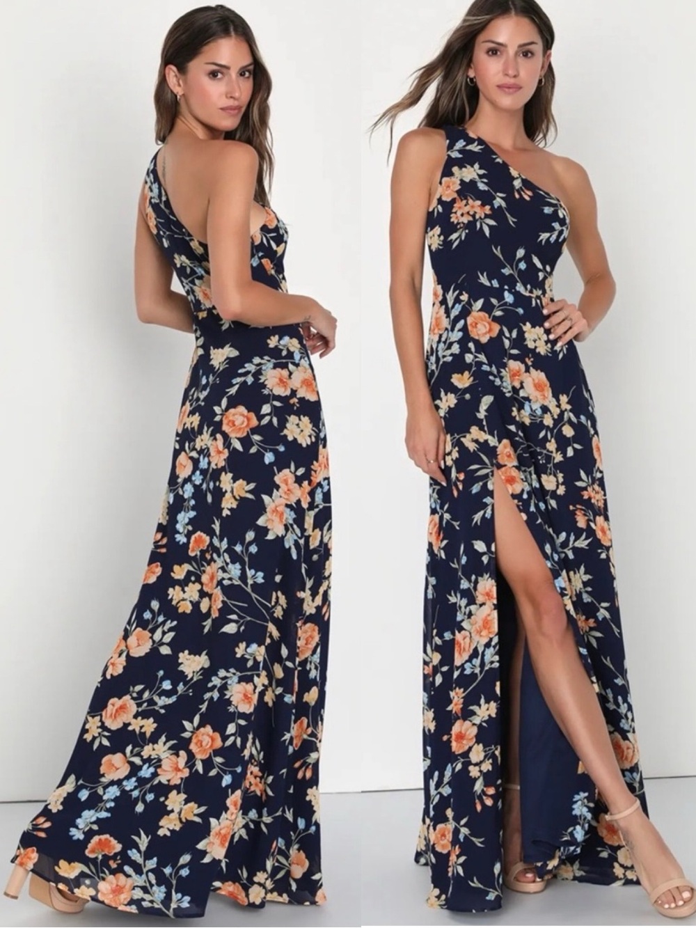 NWT Lulu’s Elegant Admiration Navy Blue Floral One-Shoulder Maxi Dress Chic XL